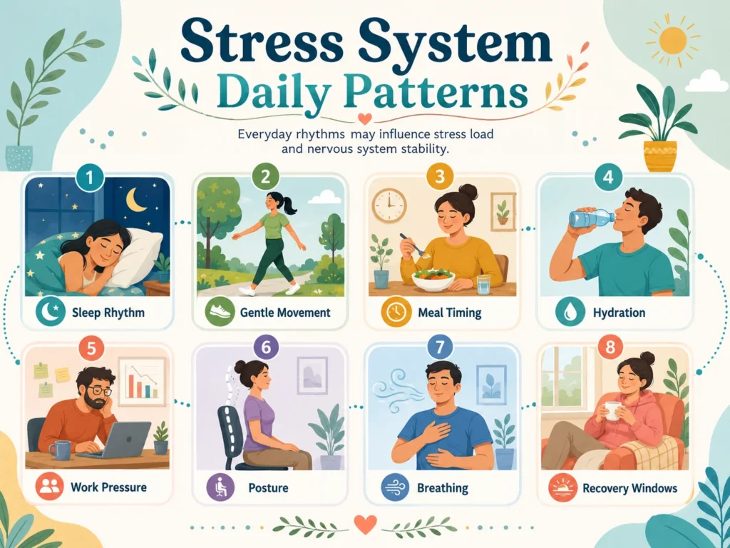 Daily Patterns That Influence the Stress System Daily patterns that may influence the Stress System including sleep, movement, meals, work pressure, and recovery time