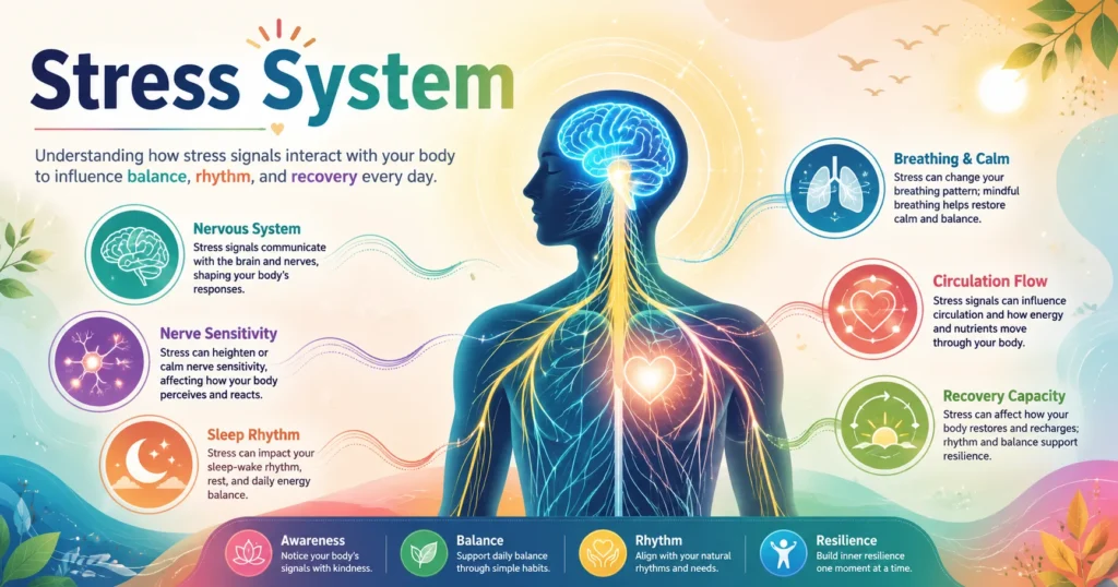 Stress System and Nerve Health Education Stress System infographic showing how stress signals may interact with the nervous system, nerve sensitivity, sleep rhythm, circulation flow, and recovery capacity.