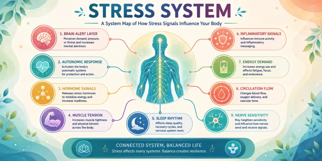 Stress System Map Stress System map showing brain alertness, autonomic response, hormones, sleep, muscles, circulation, and nerve sensitivity
