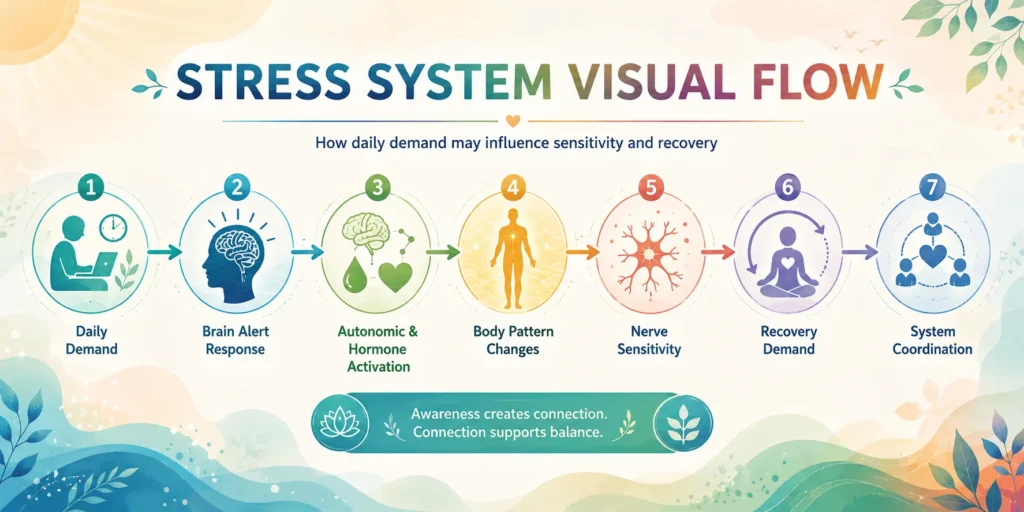 Stress System Visual Flow Stress System visual flow from daily demand to brain alert response, autonomic activation, nerve sensitivity, and recovery demand