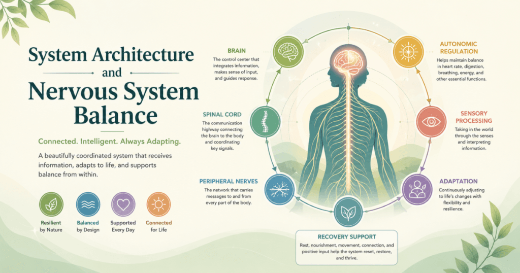 system-architecture-hero. Calming illustration of a human silhouette with connected nervous system layers, including brain, spinal cord, body signals, regulation, and recovery support.