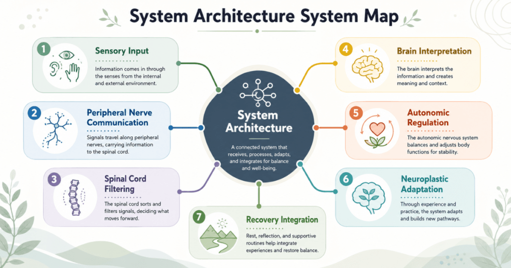 system-architecture-system-map. System map with System Architecture in the center connected to sensory input, peripheral nerves, spinal filtering, brain interpretation, autonomic regulation, neuroplasticity, and recovery integration.