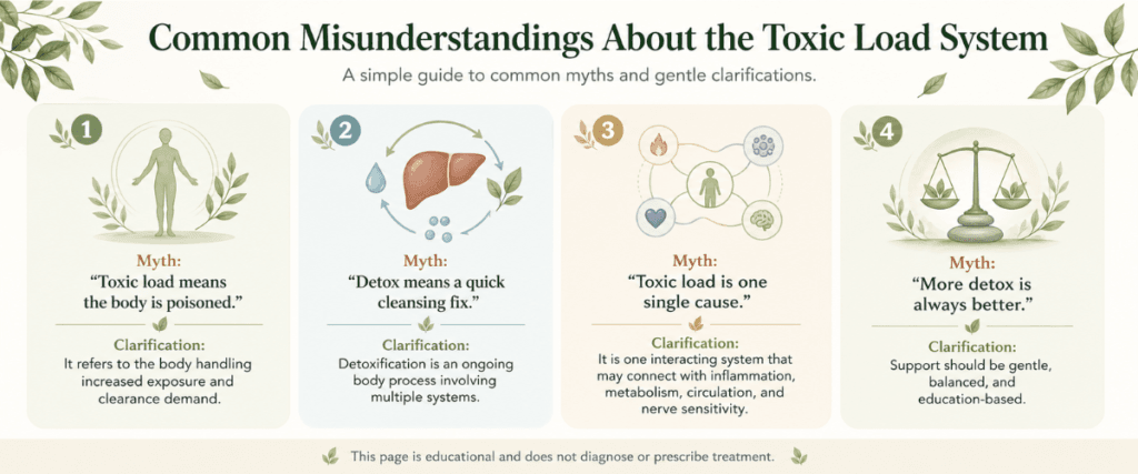 Infographic explaining common misunderstandings about the Toxic Load System, including toxic load, detoxification, system interactions, and gentle balanced support.