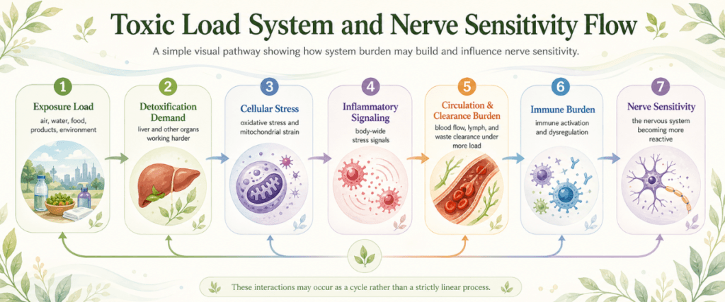 Flow infographic showing how toxic load may progress from exposure load and detoxification demand to cellular stress, inflammatory signaling, circulation burden, immune burden, and nerve sensitivity.