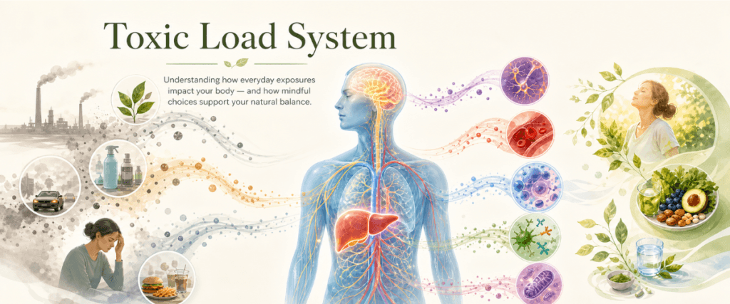 Hero illustration showing the toxic load system as an interconnected body-wide process involving environmental exposures, detoxification demand, cellular stress, circulation, immune activity, and nerve sensitivity.