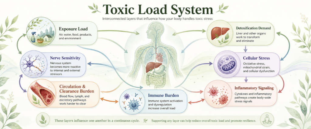 System map showing the Toxic Load System with interconnected layers including exposure load, detoxification demand, cellular stress, inflammatory signaling, circulation burden, immune burden, and nerve sensitivity.