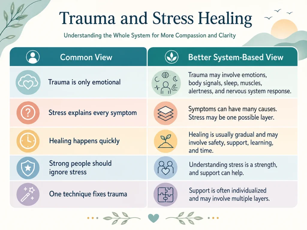 Trauma and Stress Healing comparison infographic showing common misunderstandings and better system-based views about trauma, stress, symptoms, healing, and support