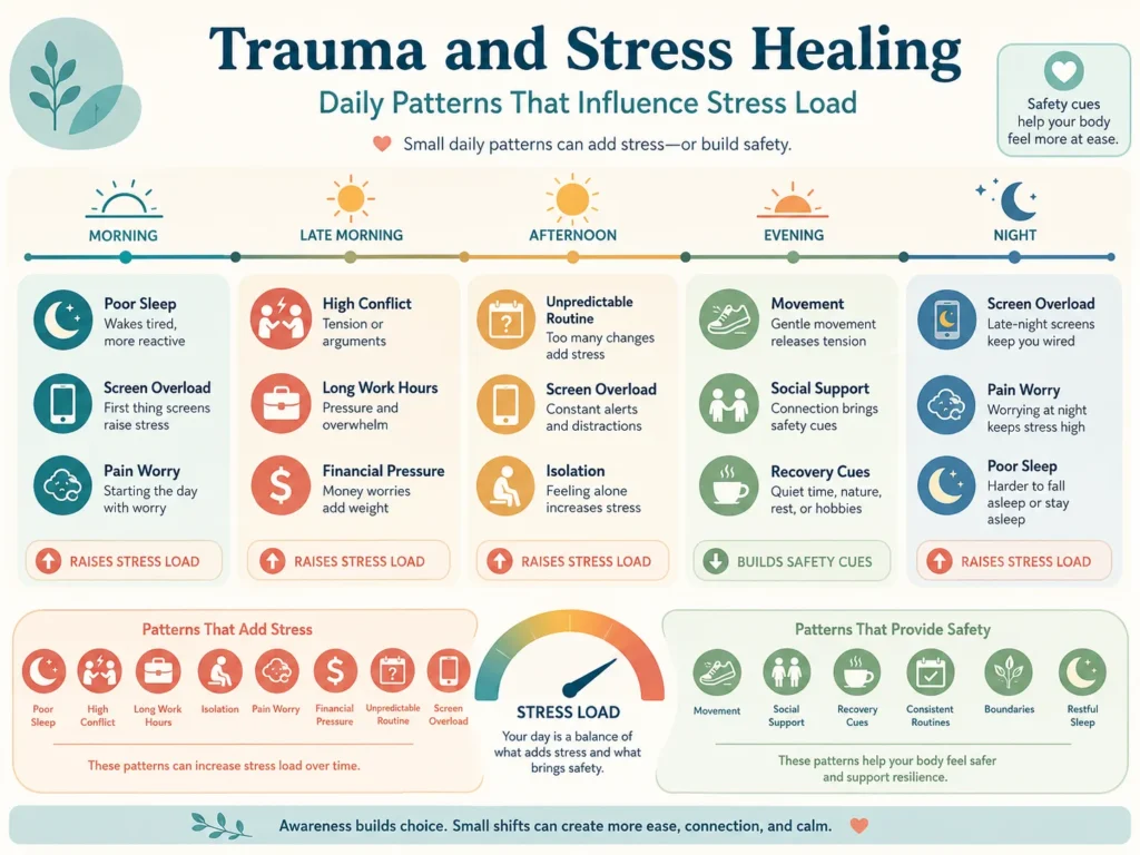 Trauma and Stress Healing daily patterns infographic showing how poor sleep, conflict, work hours, isolation, pain worry, financial pressure, screen overload, movement, and social support influence stress load