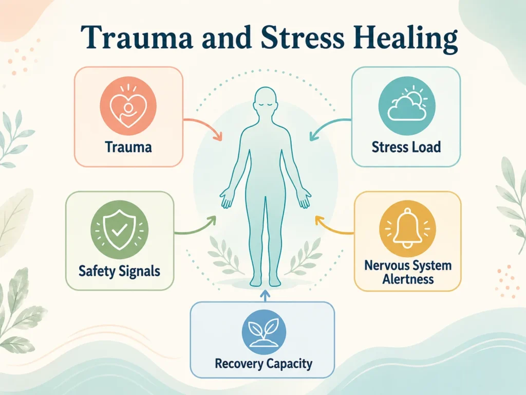 Trauma and Stress Healing glossary infographic showing trauma, stress load, safety signals, nervous system alertness, and recovery capacity