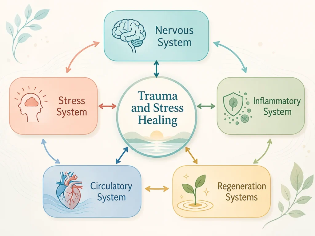 Trauma and Stress Healing interactions infographic showing the nervous system, stress system, inflammatory system, circulatory system, and regeneration systems connected around a central healing concept