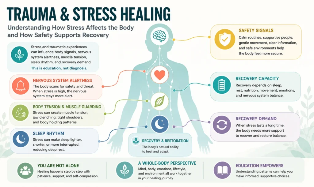 Trauma and Stress Healing infographic showing stress load, safety signals, nervous system alertness, body tension, sleep rhythm, and recovery demand