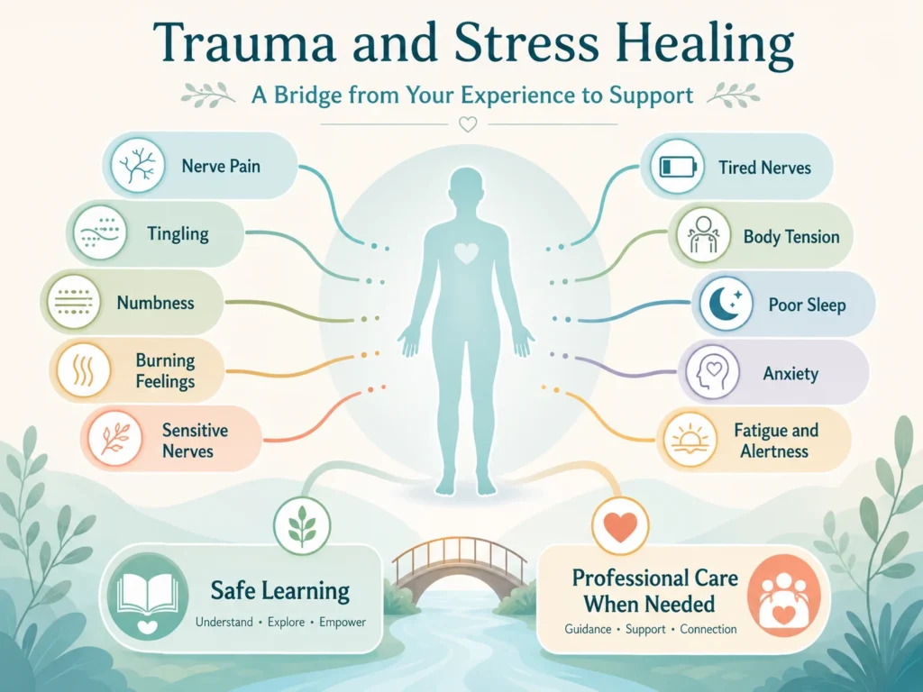 Trauma and Stress Healing symptom-language bridge infographic showing nerve pain, tingling, numbness, burning feelings, sensitive nerves, tired nerves, body tension, poor sleep, anxiety, fatigue, and alertness