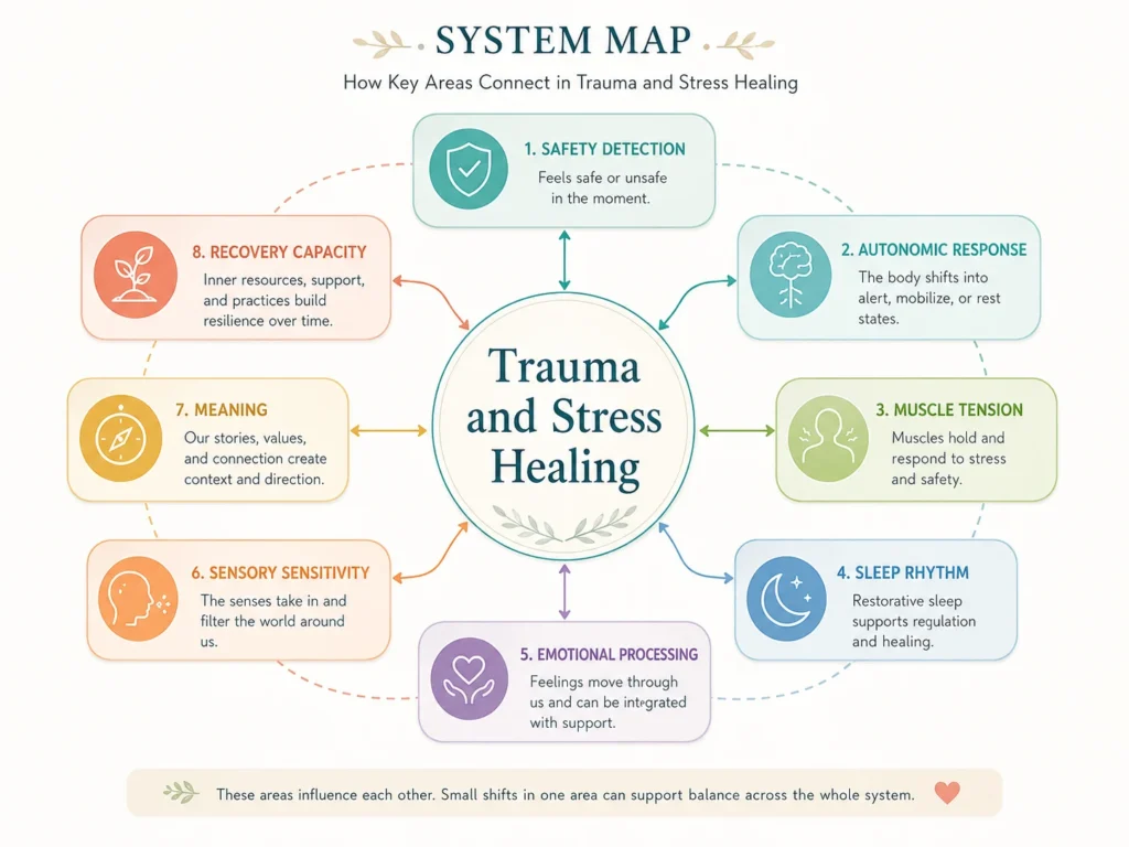 Trauma and Stress Healing system map infographic showing safety detection, autonomic response, muscle tension, sleep rhythm, emotional processing, sensory sensitivity, meaning, and recovery capacity