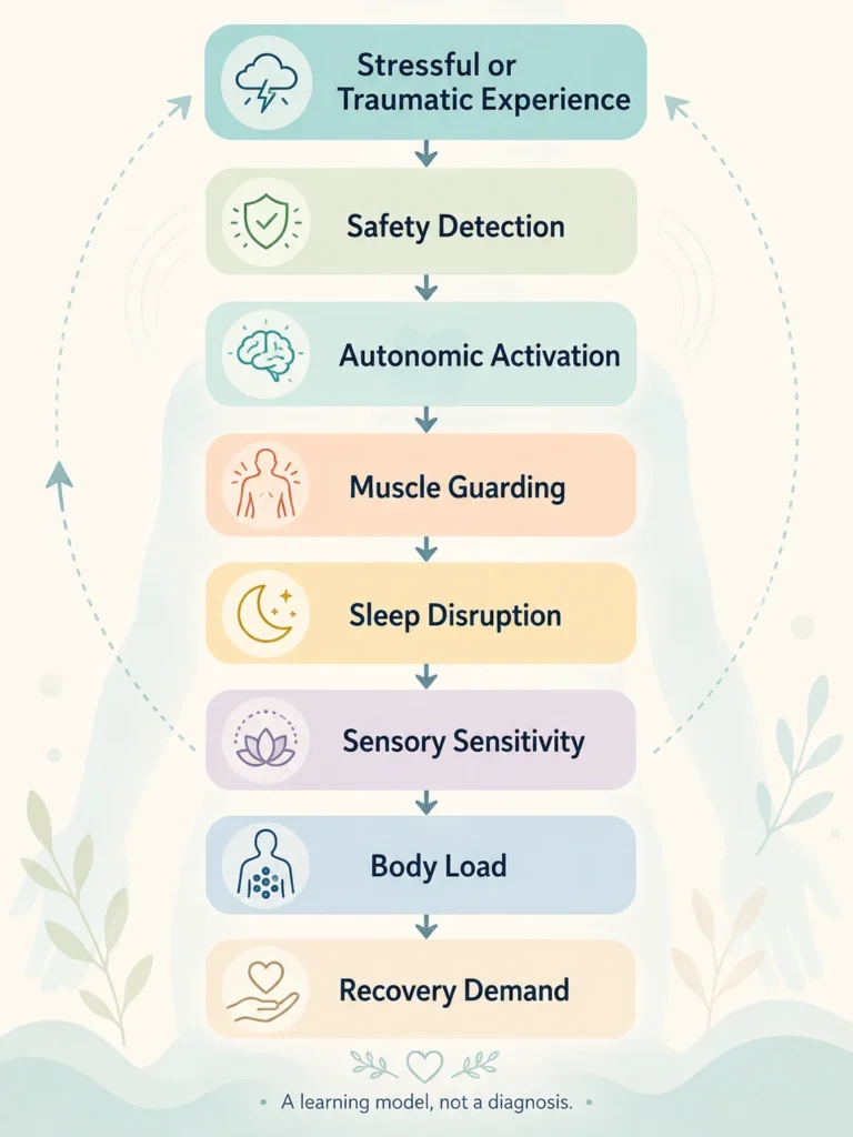 Trauma and Stress Healing visual flow infographic showing stressful or traumatic experience, safety detection, autonomic activation, muscle guarding, sleep disruption, sensory sensitivity, body load, and recovery demand