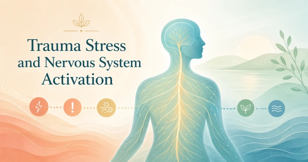 rauma Stress and Nervous System Activation Hero Image Trauma Stress and Nervous System Activation educational hero image showing calm nervous system alertness and recovery demand