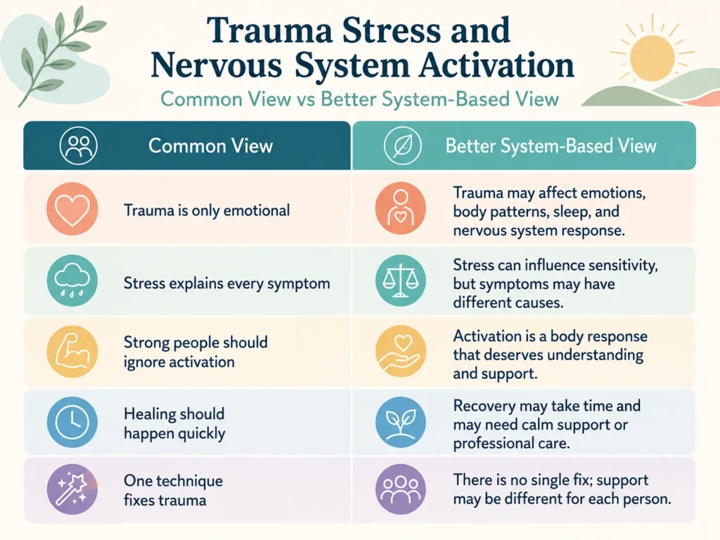 Trauma Stress and Nervous System Activation Misunderstandings Trauma Stress and Nervous System Activation comparison infographic showing common misunderstandings and better system-based views