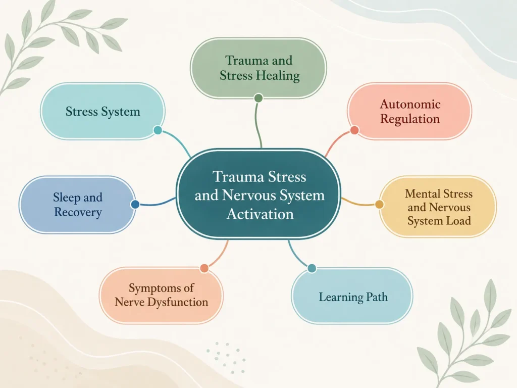 Trauma Stress and Nervous System Activation Related Systems Map Trauma Stress and Nervous System Activation related systems map connecting trauma healing, stress system, autonomic regulation, sleep recovery, symptoms, and learning path