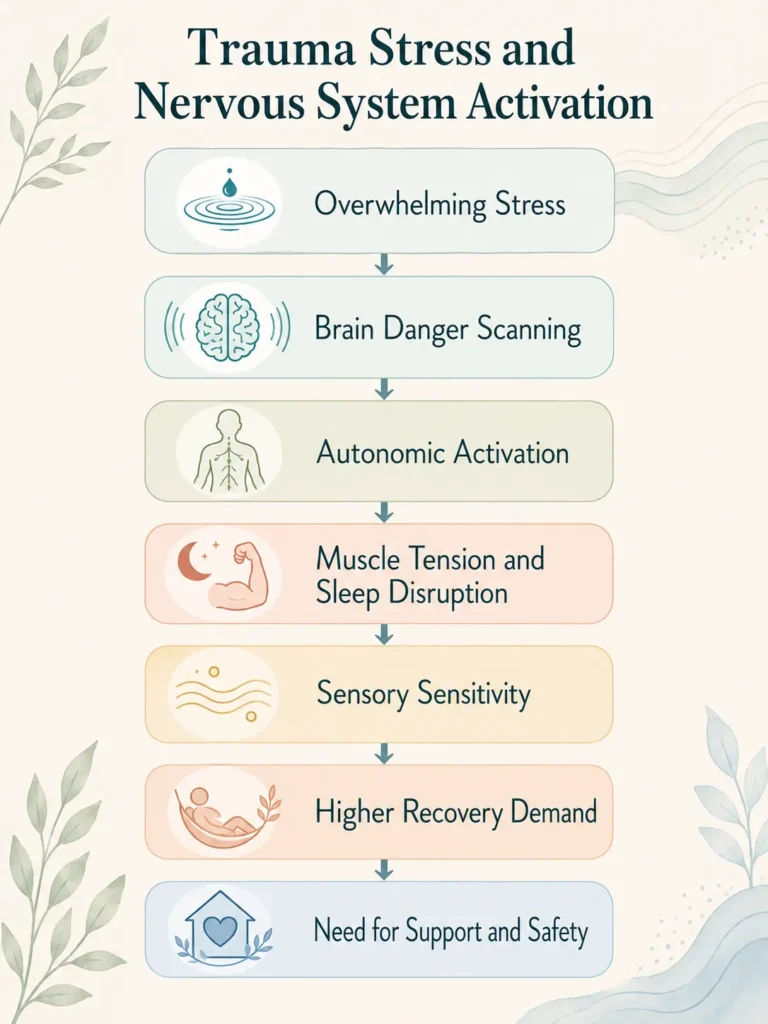 Trauma Stress and Nervous System Activation Visual Flow Trauma Stress and Nervous System Activation visual flow showing overwhelming stress, alertness, autonomic activation, sleep disruption, sensitivity, and recovery demand