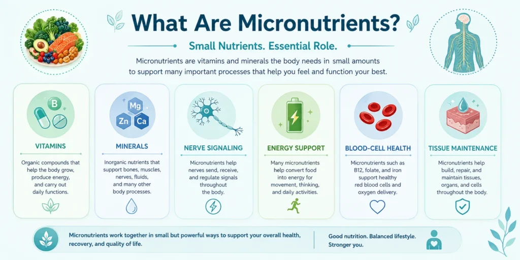Understanding Micronutrients and Nerve Function Educational cards explaining vitamins minerals and nerve function basics
