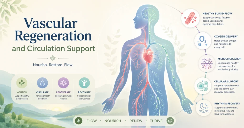 Calming educational illustration of Vascular Regeneration showing a peaceful human silhouette, soft blood flow pathways, oxygen delivery icons, nerve pathways, and recovery rhythm.