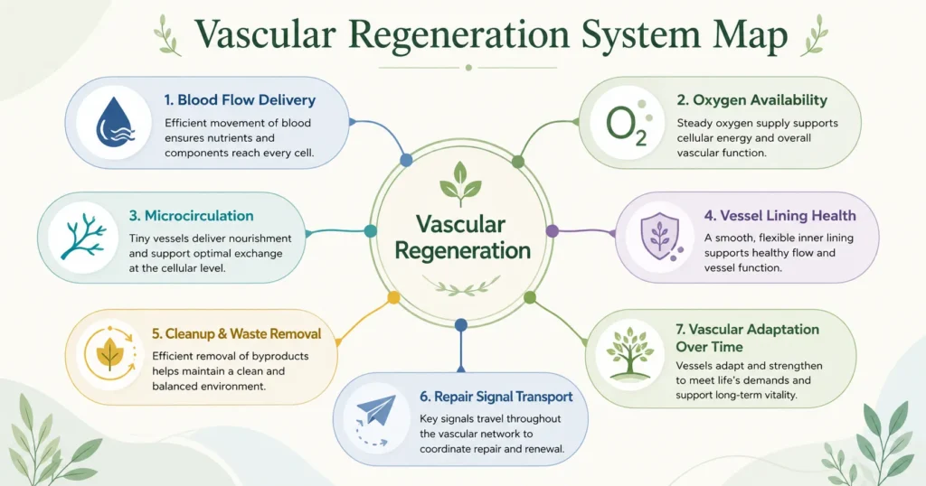 System map with Vascular Regeneration in the center connected to blood flow delivery, oxygen availability, microcirculation, vessel lining health, cleanup, repair signal transport, and vascular adaptation.