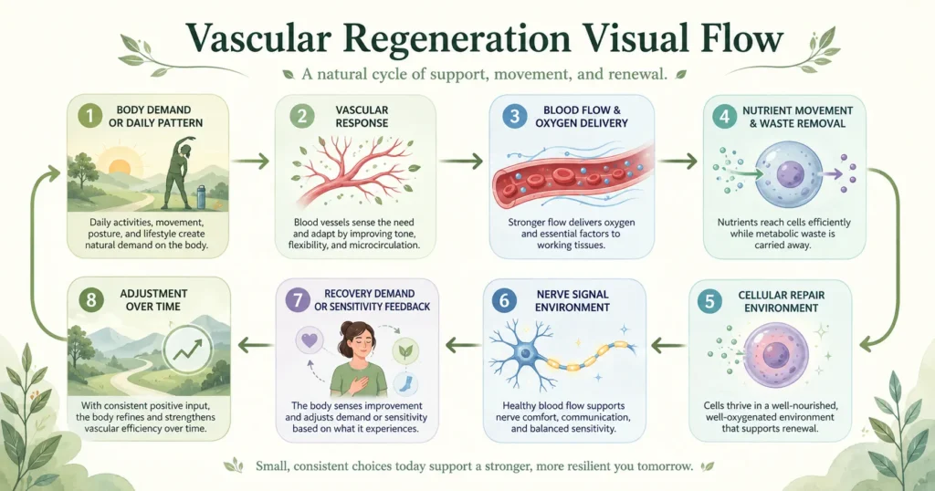 Educational flow chart showing body demand, vascular response, blood flow and oxygen delivery, nutrient movement, waste removal, cellular repair environment, nerve signal environment, and feedback.