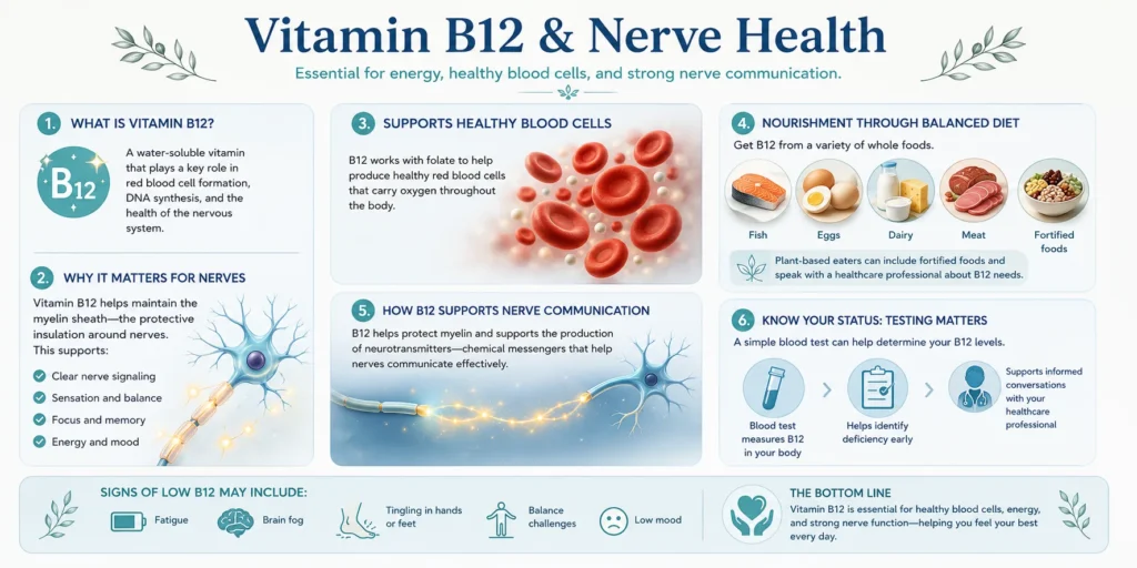 Vitamin B12 and Healthy Nerve Support Educational illustration about vitamin B12 blood cells and nerve support