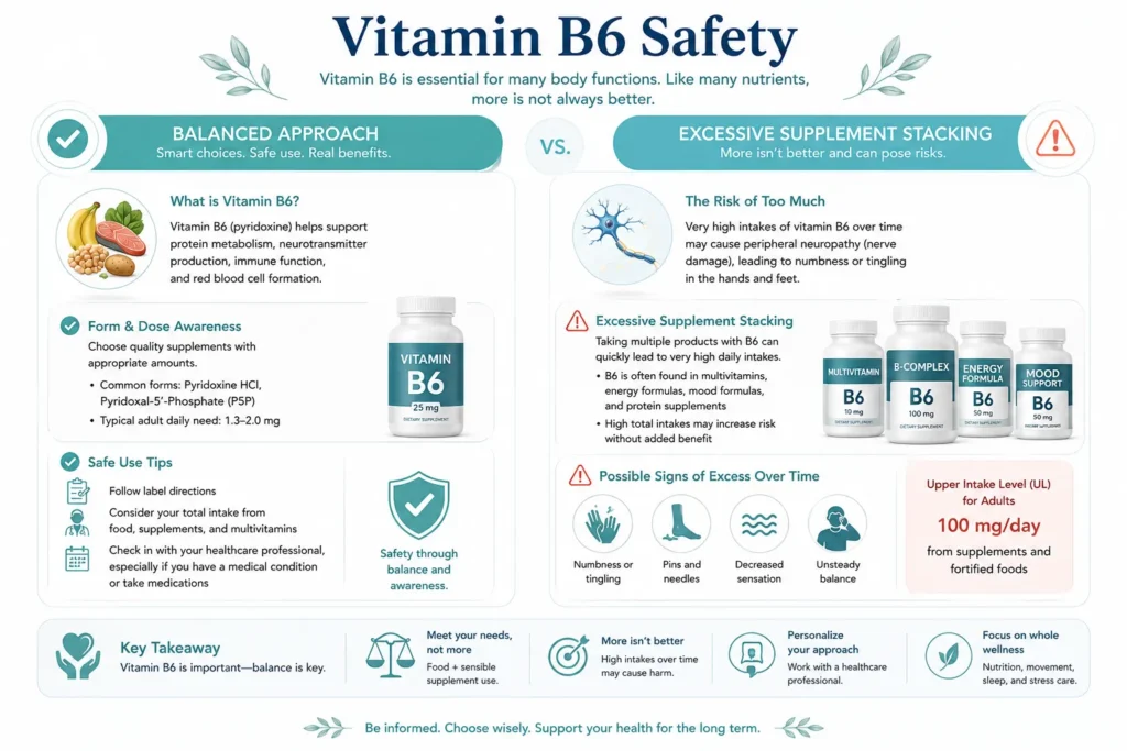 Vitamin B6 Supplement Safety Awareness Educational infographic about balanced vitamin B6 supplement awareness