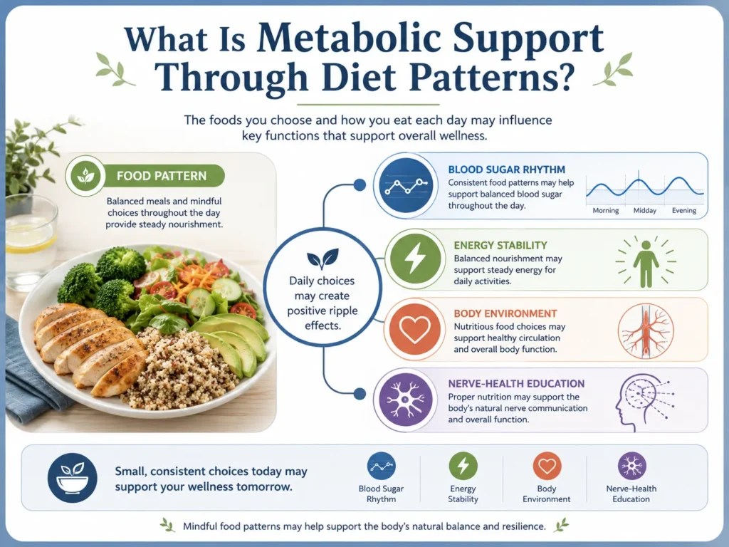 Educational infographic explaining metabolic support through diet patterns, blood sugar rhythm, energy stability, and nerve-health education.