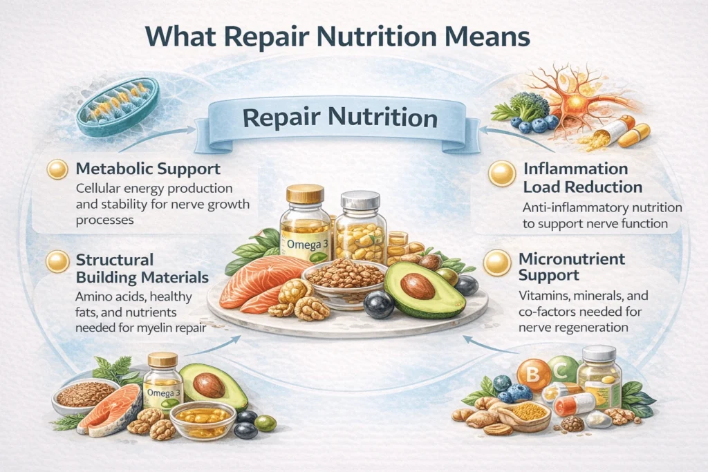 Infographic explaining what repair nutrition means, including metabolic support, structural building materials, inflammation reduction, and micronutrient support for nerve repair.