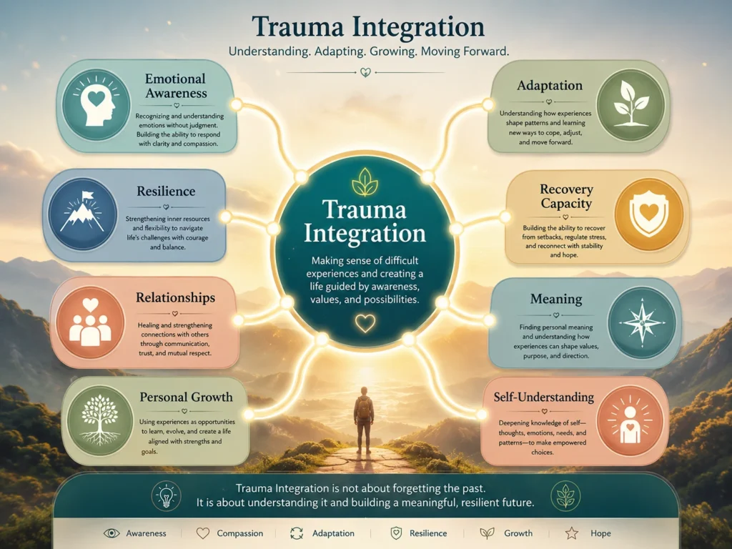 Trauma Integration Glossary and Concept Map Trauma Integration concept map showing resilience, emotional awareness, adaptation, recovery capacity, relationships, and personal growth.