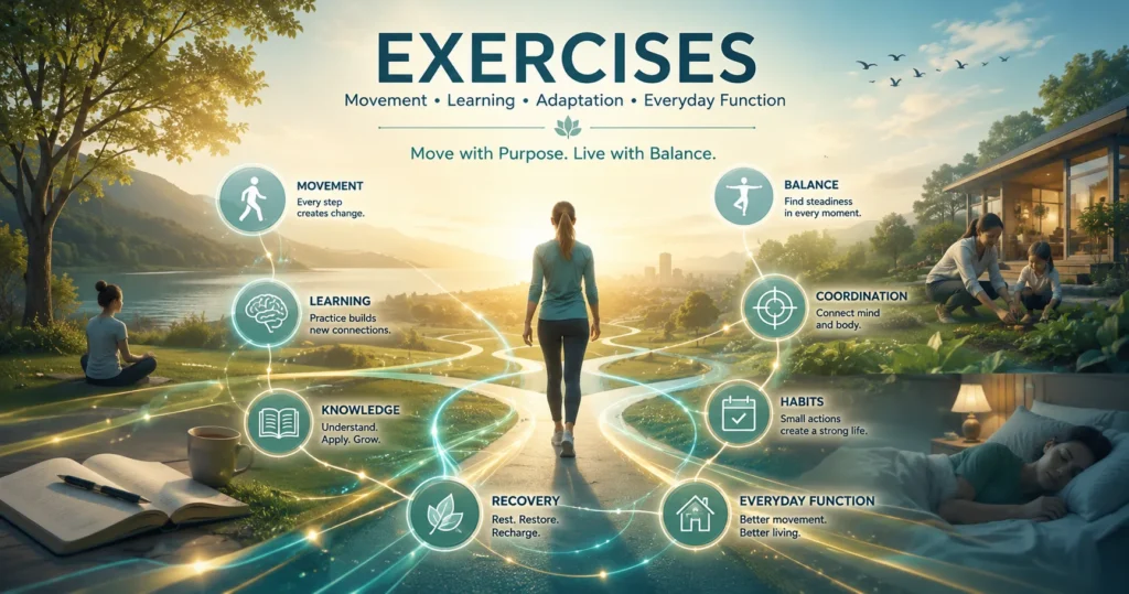 Exercises Movement Learning and Everyday Function Exercises hero image showing movement, learning, balance, recovery, habits, and everyday function.