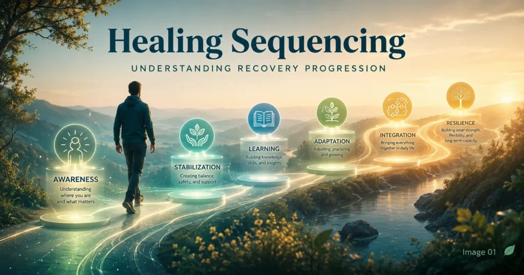 Healing Sequencing educational pathway showing awareness, stabilization, learning, adaptation, integration, and resilience connected through a visual progression.