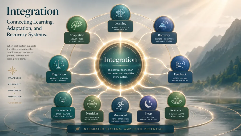 Integration: Connecting Learning, Adaptation and Recovery Systems Visual overview of integration connecting learning, adaptation, recovery, regulation, resilience, sleep, movement and environmental influences.