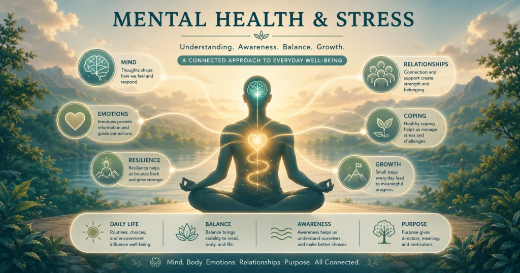 Mental Health and Stress Mind-Body Connection Mental Health and Stress hero image showing mind-body connection, emotions, coping, resilience, and everyday well-being.