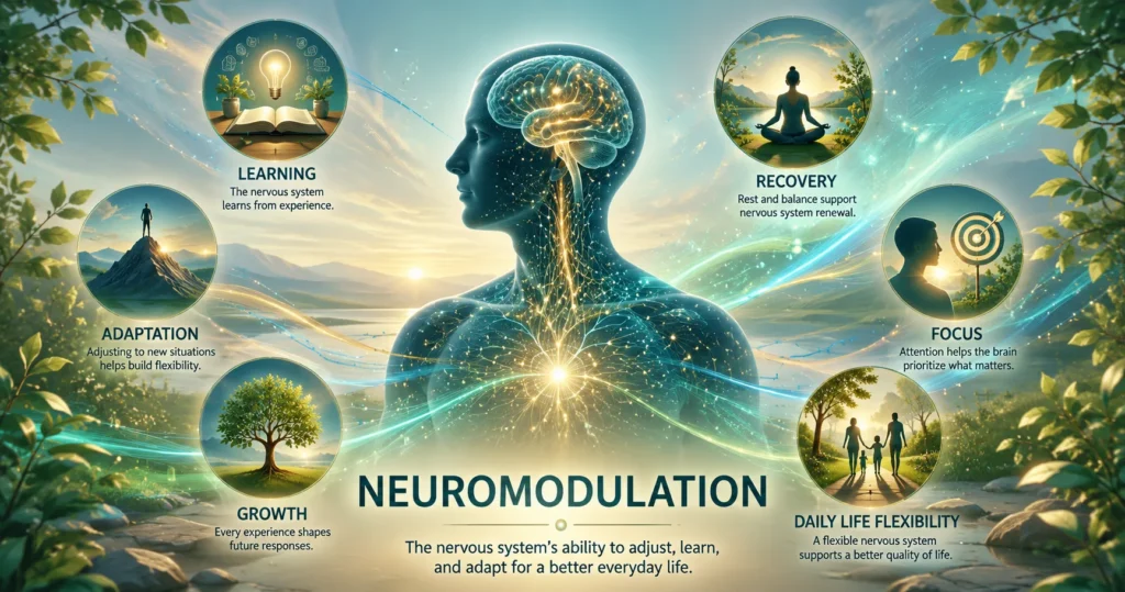 Neuromodulation and Nervous System Adaptation Neuromodulation hero image showing nervous system adaptation, learning, flexibility, recovery, and daily life response.