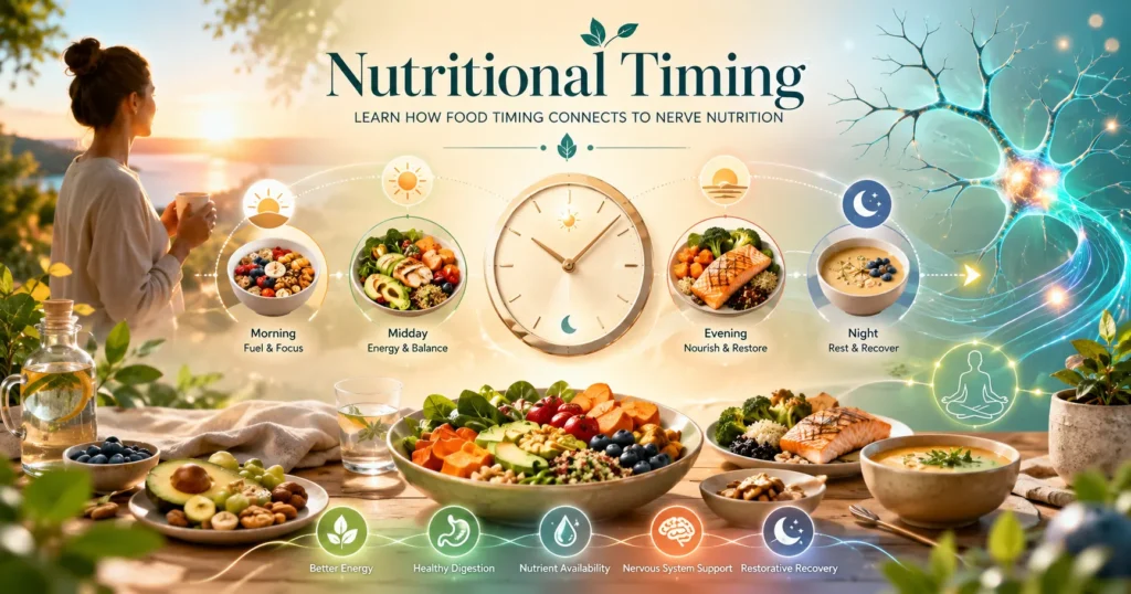 Nutritional Timing Food Timing and Nerve Nutrition Hero Nutritional Timing hero image showing food timing, meal rhythm, daily energy patterns, and nerve nutrition education.