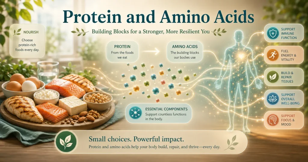Protein and Amino Acids educational hero image showing nutrition, amino acid building blocks, and nerve-health learning.