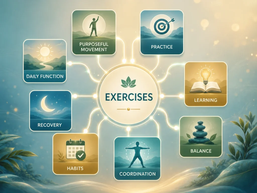 Exercises Plain Meaning Glossary Exercises plain meaning infographic showing purposeful movement, practice, learning, balance, coordination, and daily function.