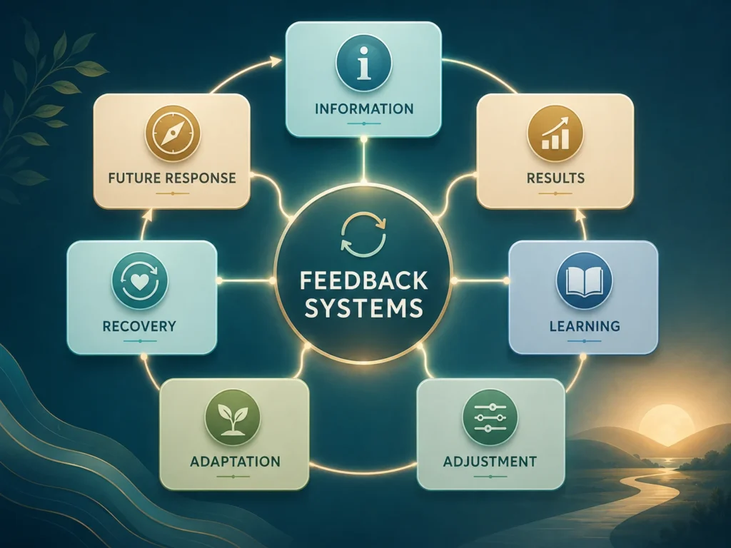 Feedback Systems Plain Meaning Glossary Feedback Systems plain meaning infographic showing information, results, learning, adjustment, and future response.