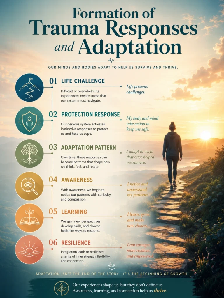 Formation of Trauma Responses and Adaptation Educational illustration showing life challenges, adaptation patterns, awareness, learning, and resilience development.