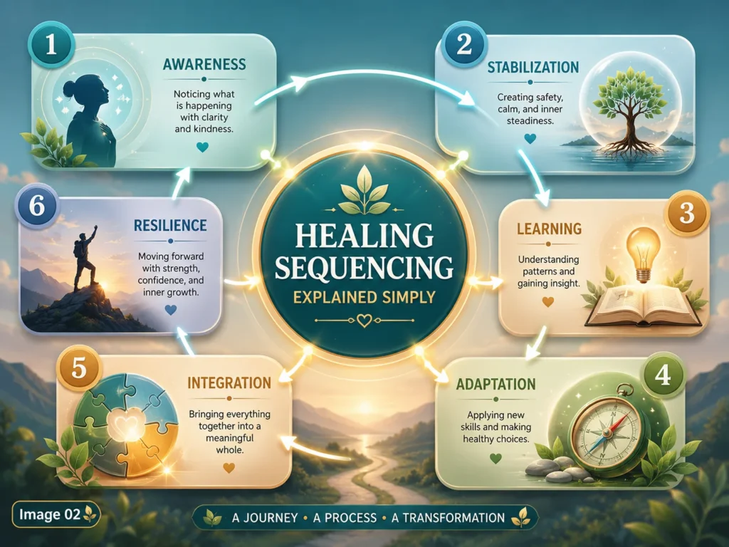 Healing Sequencing infographic connecting awareness, stabilization, learning, adaptation, integration, and resilience.