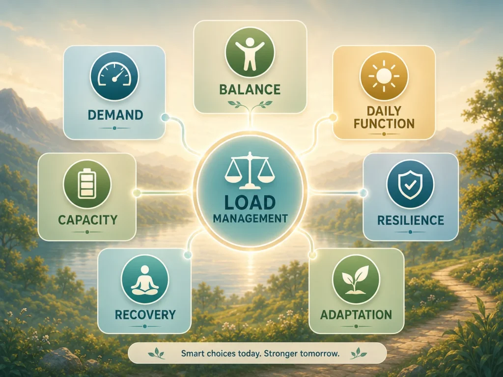 Load Management plain meaning infographic showing demand, capacity, recovery, adaptation, and balance.