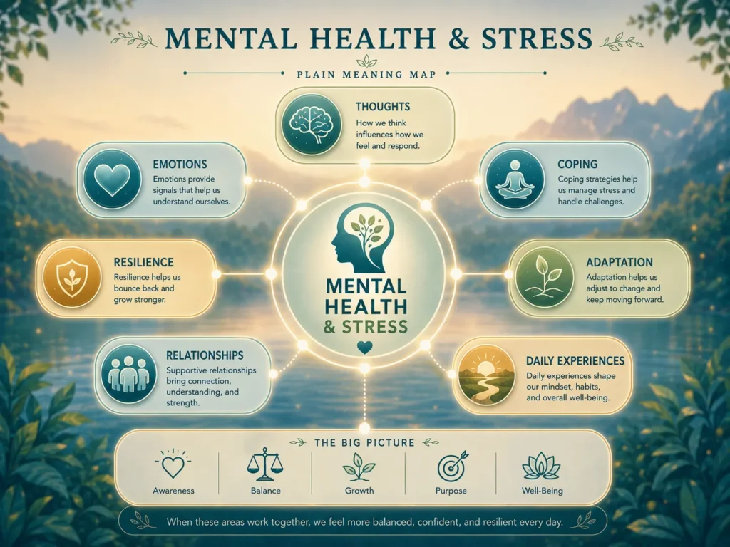Mental Health and Stress Plain Meaning Mental Health and Stress plain meaning infographic showing thoughts, emotions, coping, resilience, adaptation, and daily experiences.