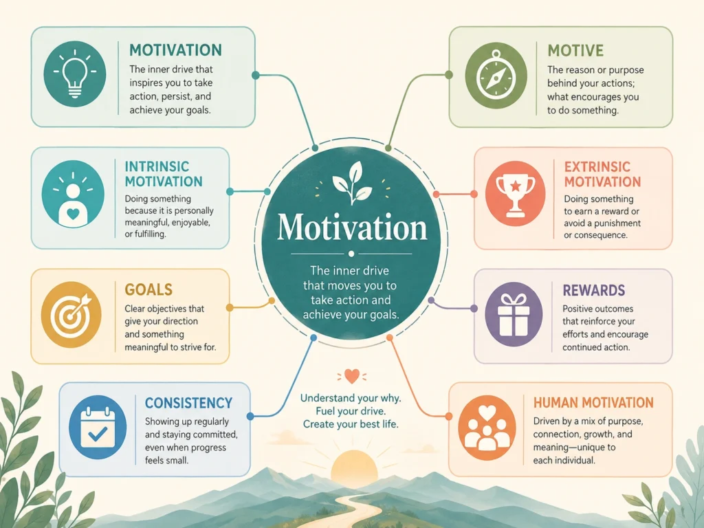 Motivation Plain Meaning Guide Motivation glossary map with motive, intrinsic motivation, goals, rewards, and consistency