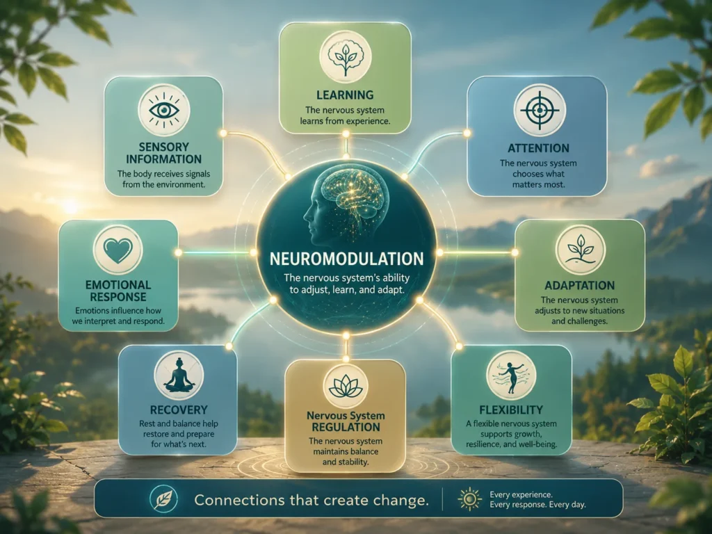 Neuromodulation Concept Map Neuromodulation concept map with learning, attention, recovery, nervous system regulation, and adaptation nodes.