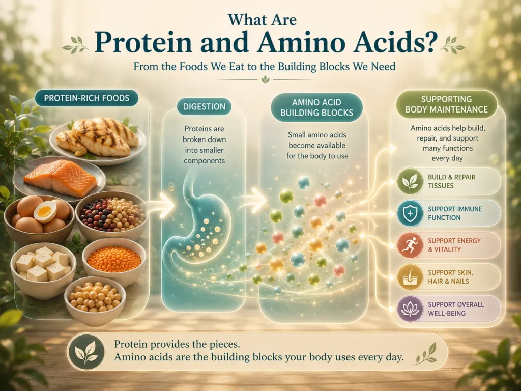 What Are Protein and Amino Acids concept image showing protein breaking into amino acid building blocks.