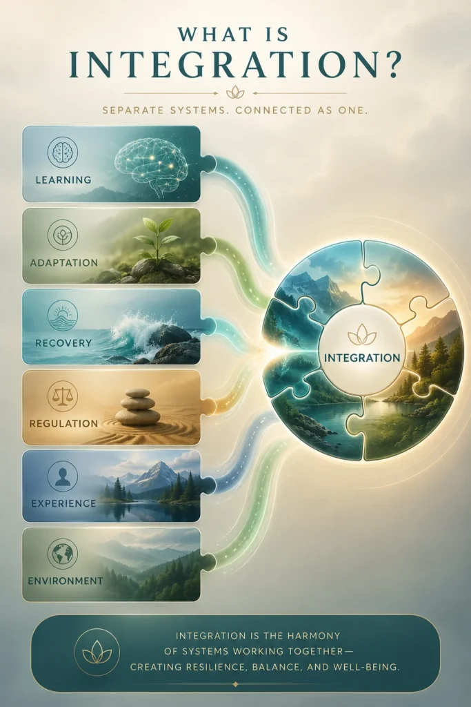 What Is Integration? Plain Meaning Explained Educational infographic showing separate systems becoming connected through integration.