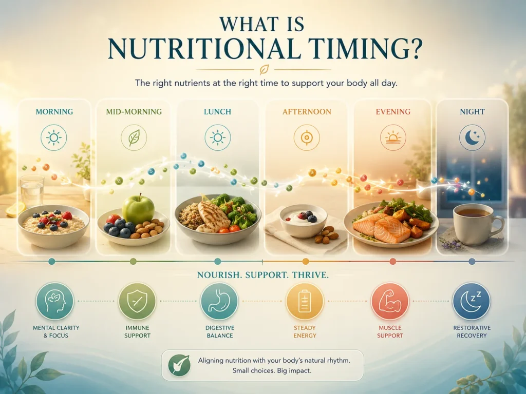 What Is Nutritional Timing What Is Nutritional Timing image showing meal timing, daily rhythm, nutrient availability, and nerve nutrition education.