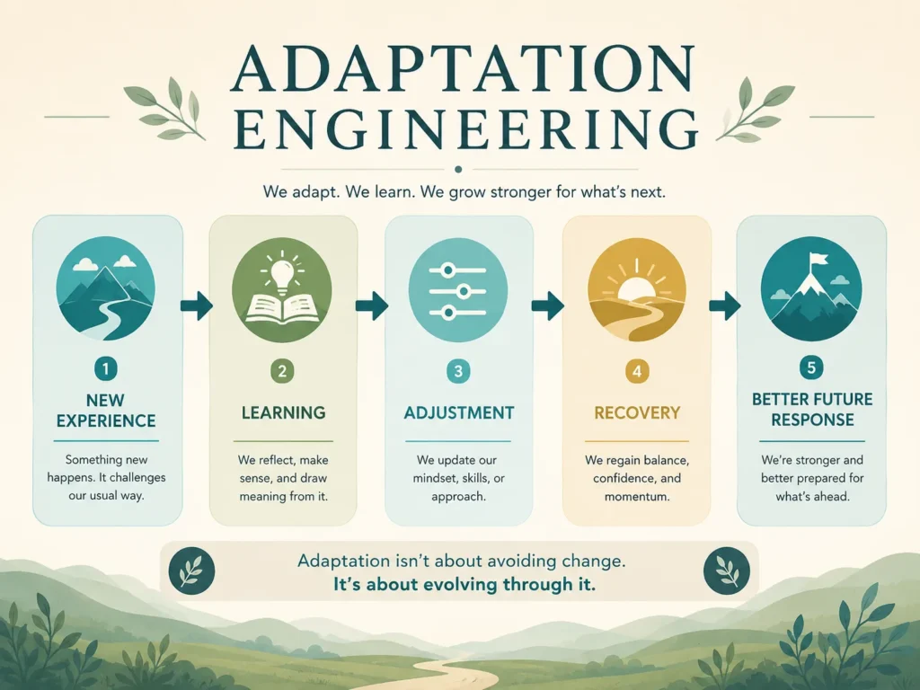 Adaptation Engineering Plain Meaning Plain meaning infographic explaining Adaptation Engineering through learning, adjustment, recovery, and adaptation.
